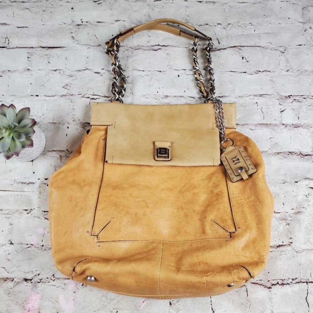 Olivia Harris Square Flap Shoulder Bag Purse Handbag Tan Leather Tote Classic - Picture 2 of 8